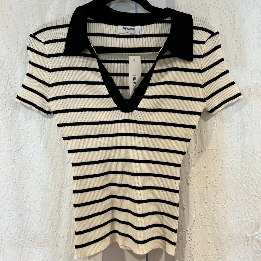 Stripe Ribbed Polo Top in Ivory NWT